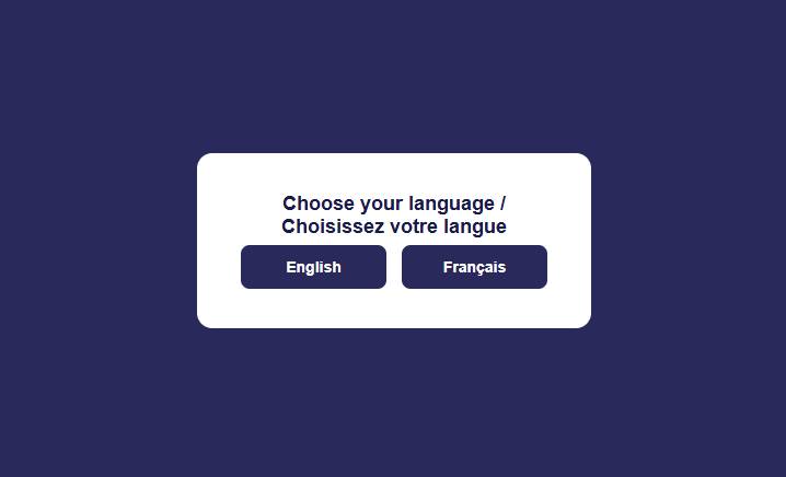 The language-selection modal offering English or French