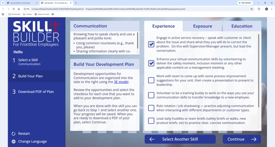 Step 2 of the Skill Builder: Experience, Exposure, and Education tabs with checkboxes for each opportunity