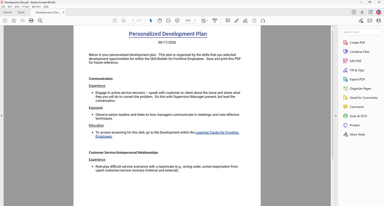 The generated Personalized Development Plan PDF, grouped by skill and 3E category