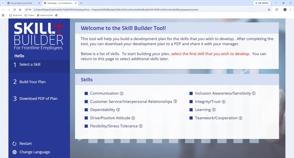 Step 1 of the Skill Builder: a welcome screen and a list of skills to choose from