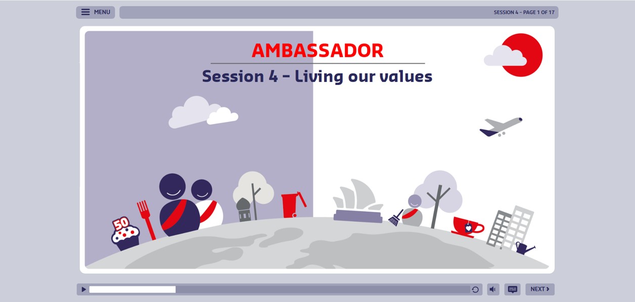 The course title screen for Ambassador, Session 4, Living our values, with a custom illustrated interface
