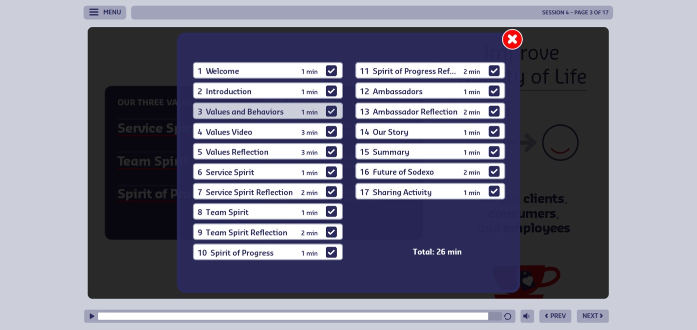 The custom course menu listing every page with a completion checkmark