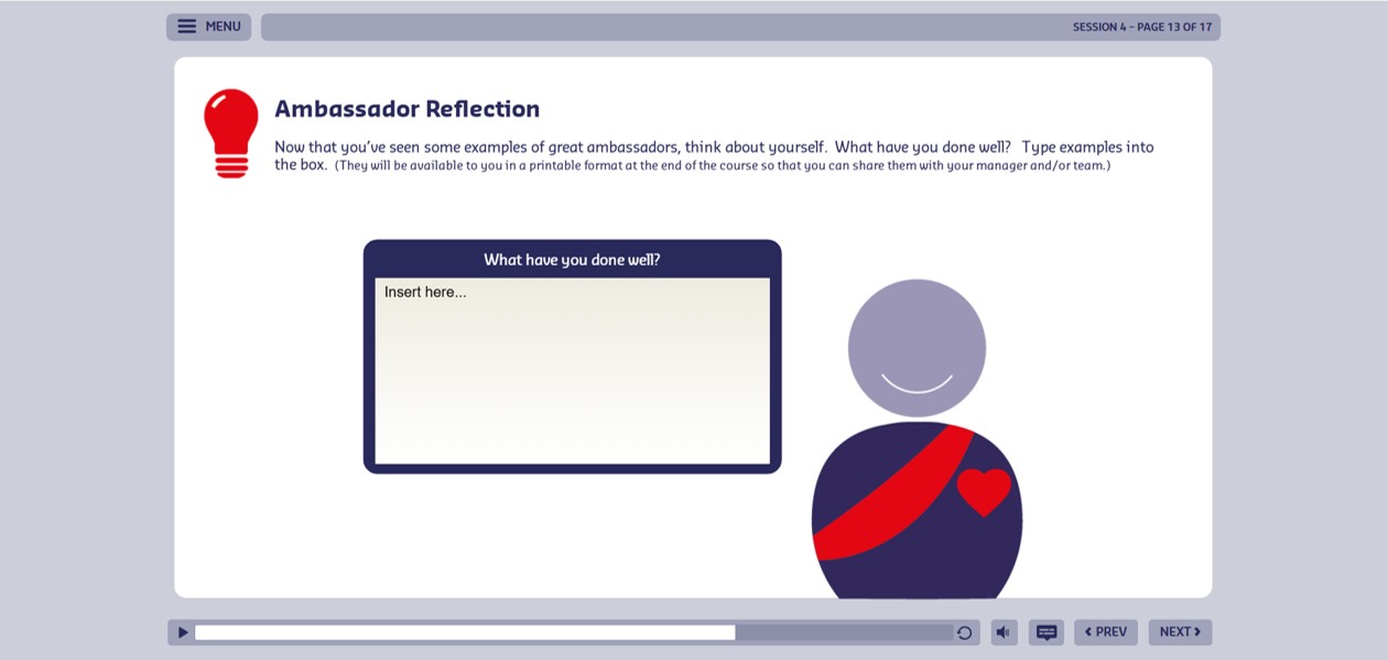 A reflection screen where the learner types how a concept applies to their own work