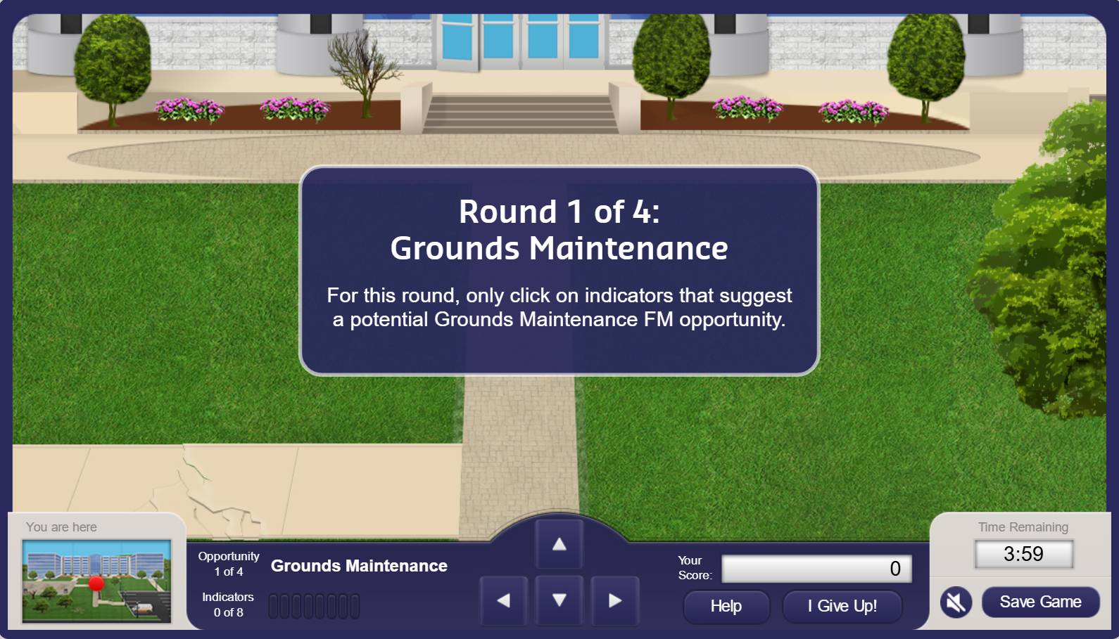 The game's 2D environment at the start of a round, with round instructions and the score, timer, and navigation controls