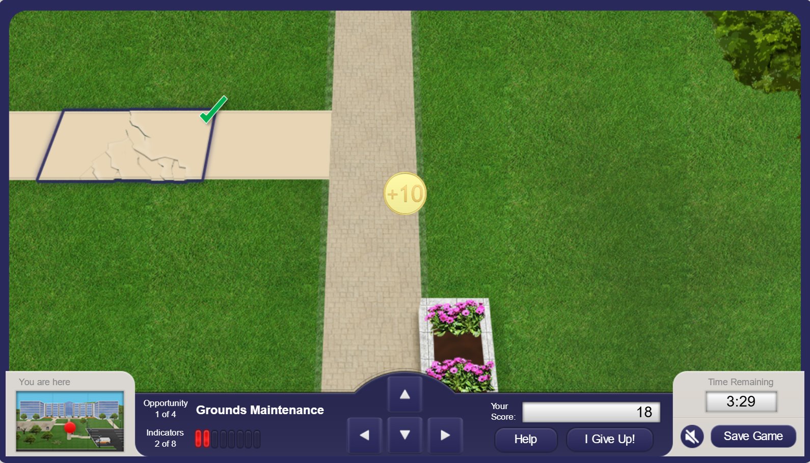 The game environment mid-round, with the contextual map showing the learner's current location