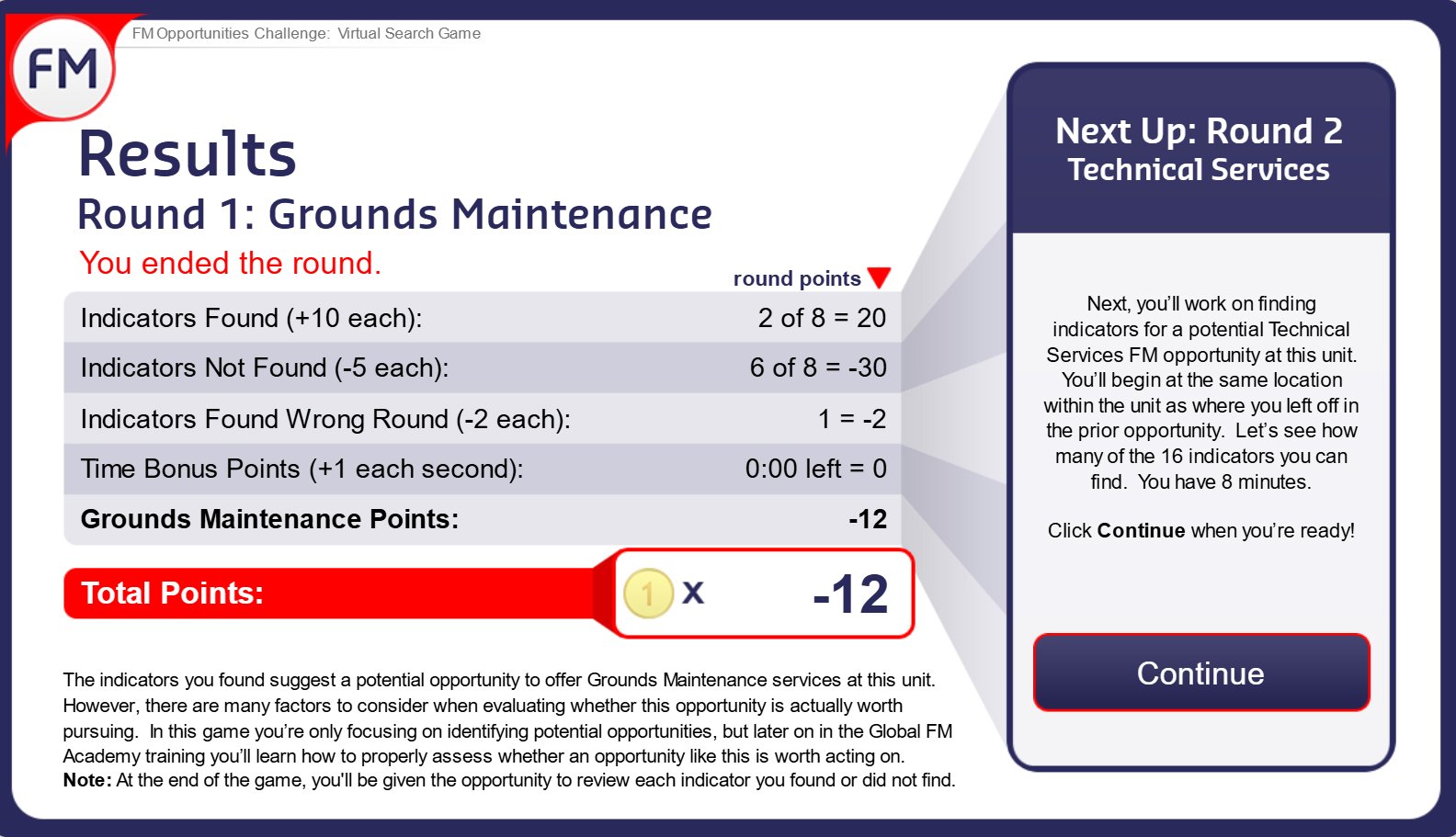 A results screen after one round, showing indicators found, missed, and the time bonus