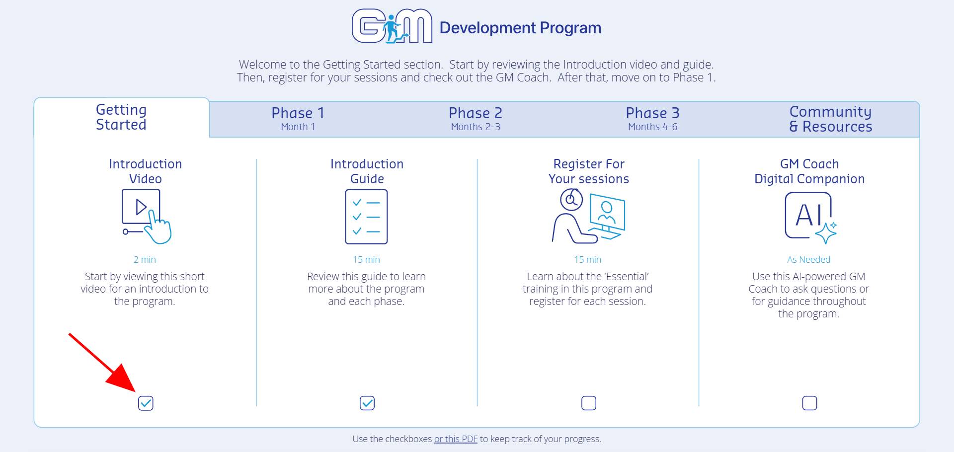 A portal section with a row of completion checkboxes beneath each activity