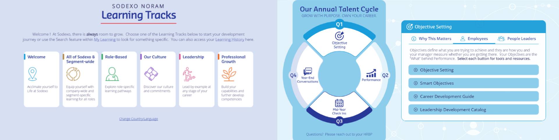 Two learning portals side by side, each with a distinct visual identity aligned to its program